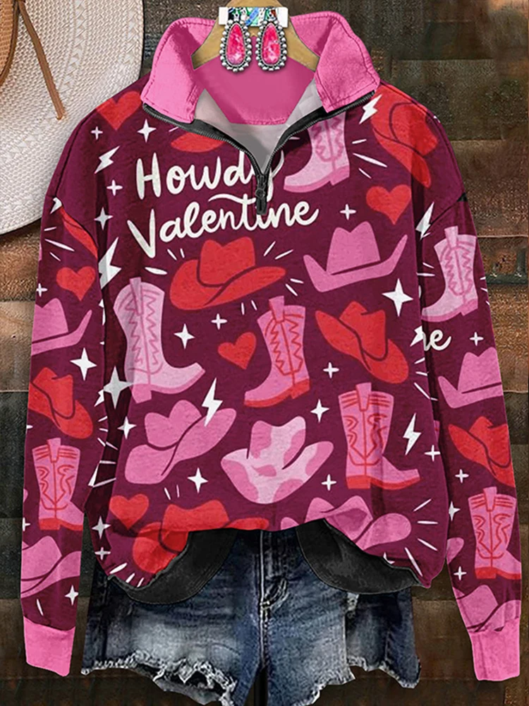 Retro Western Valentine's Day Print Zip-Up Sweatshirt