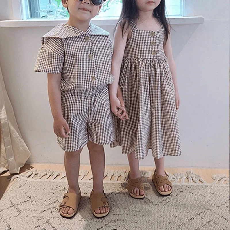 Brother Sister Plaid Shirt Shorts Boy's 2PCS Suit Girl's Suspenders Dress Infant Toddler Child Vestido Summer Sibling Look 1-10Y