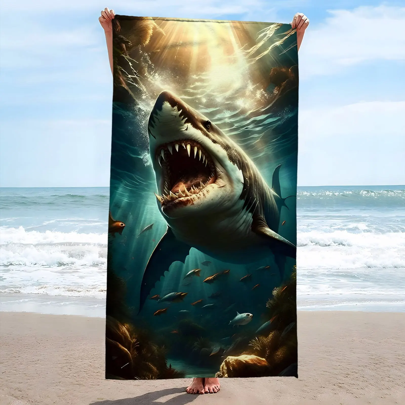 Fierce Great White Shark Beach Towel Patterned Sunscreen And Windproof Suitable For Swimming Pool Camping Travel Blanket