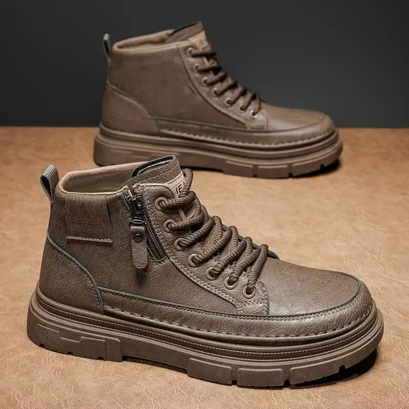 

Men's Autumn Winter Leather Ankle Boots Thick Sole Non Slip Round Toe High Top British Style Work Boots Casual Board Shoes