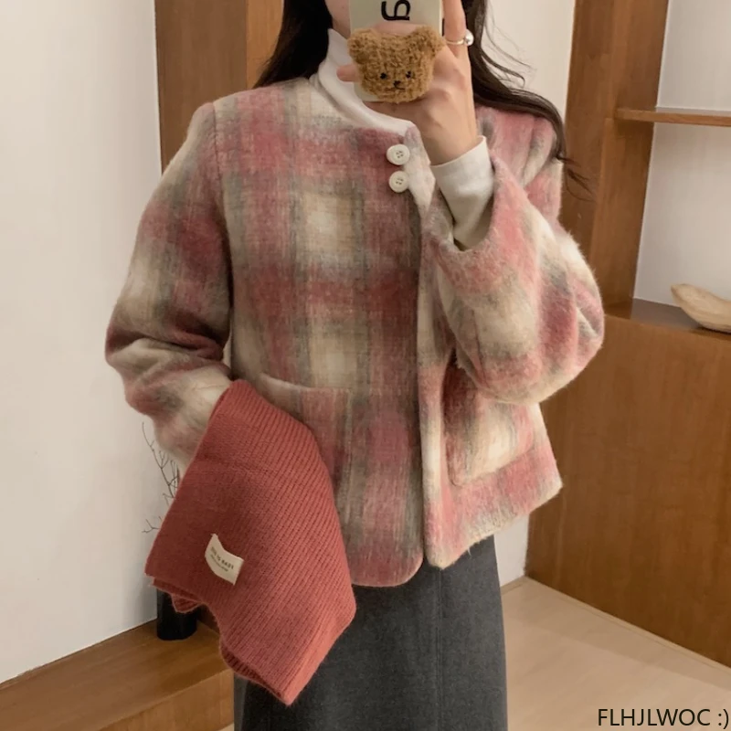 

Cute Short Coat Outerwear Retro Vintage Preppy Chic Korea Japan Style Girls Woolen Wool Blends Plaid Coats 2024 Winter Spring