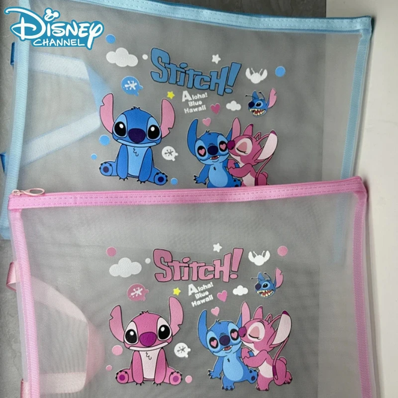 Disney-Nylon Mesh Zipper Tote Bag, Lilo & Stitch File Bag, papelaria bonito do estudante, saco de armazenamento claro, material escolar, 2024