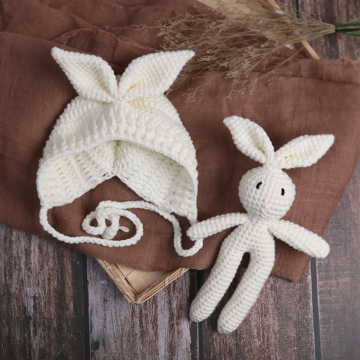 Ylsteed-Muñeca de conejo tejida a mano con orejas, sombrero para sesión de fotos, trajes de fotografía para niña recién nacida, accesorios para sesión de fotos infantil