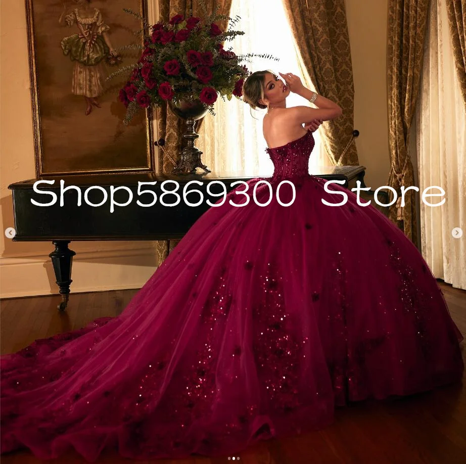 Burgundy Princess Quinceanera Dresses Luxury 3D Floral Gillter Corset Lace-up Customsized vestidos de 15 años ballkleider