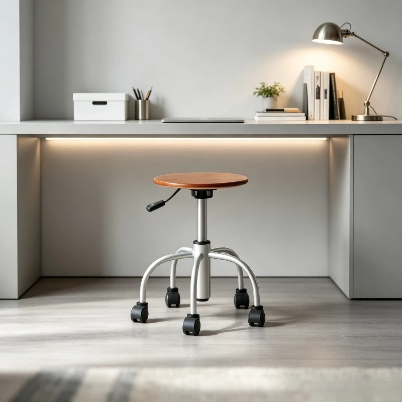 Retro Wooden Rolling Stool with Casters, Swivel Low Seat on Silent Wheels, Versatile Round Bench for Living Room Home.