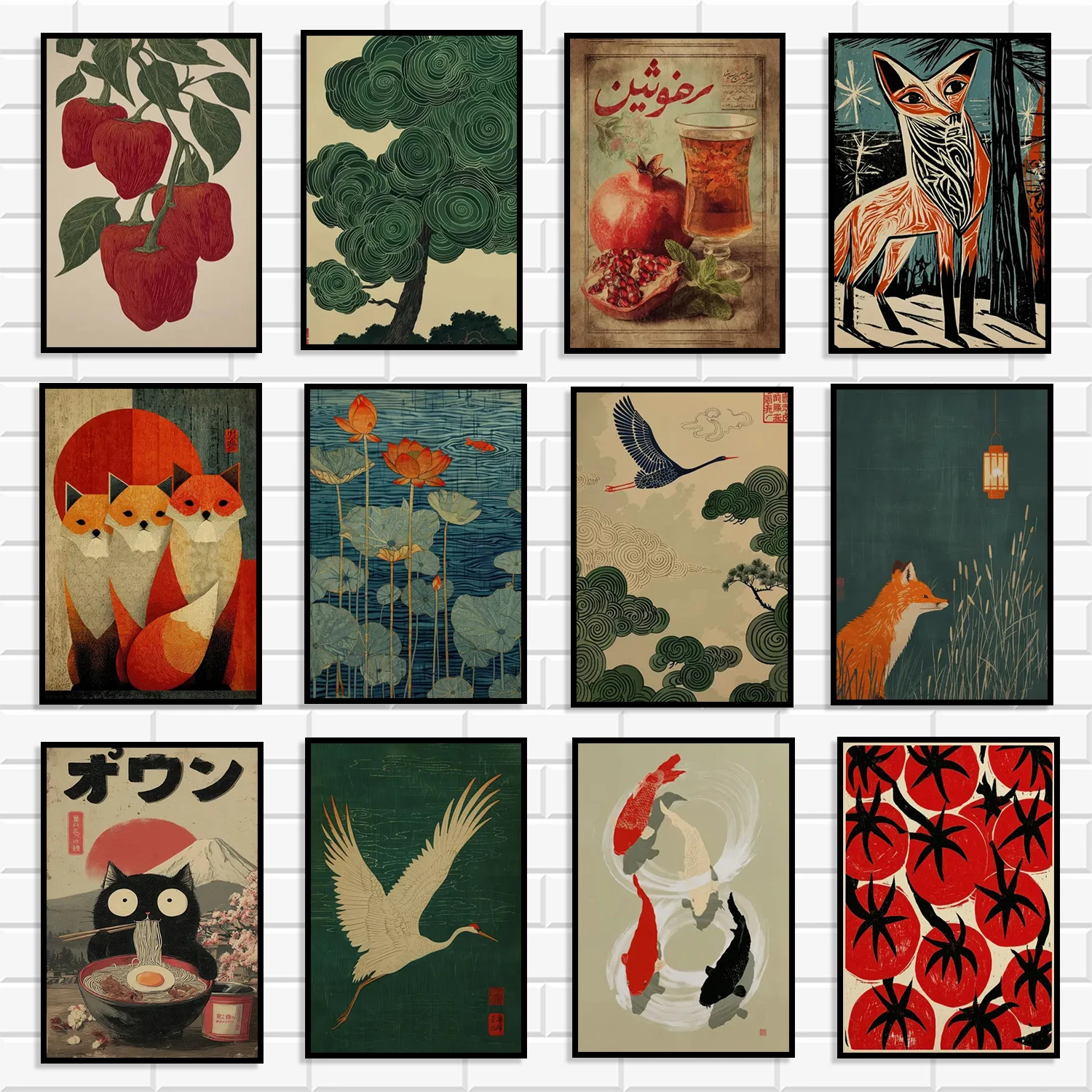 Japanese Ukiyo-e Vintage Diamond Wall Art Set Fox Crane & Fruit Floral Print Retro Asian Aesthetic Poster for Room Home Decor