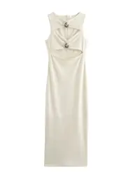 XNWMNZ 2024 Women's Fashion Seashell Cut-out Dress Women High Street Round Neck Sleeveless Hem Vent Female Midi Dresses