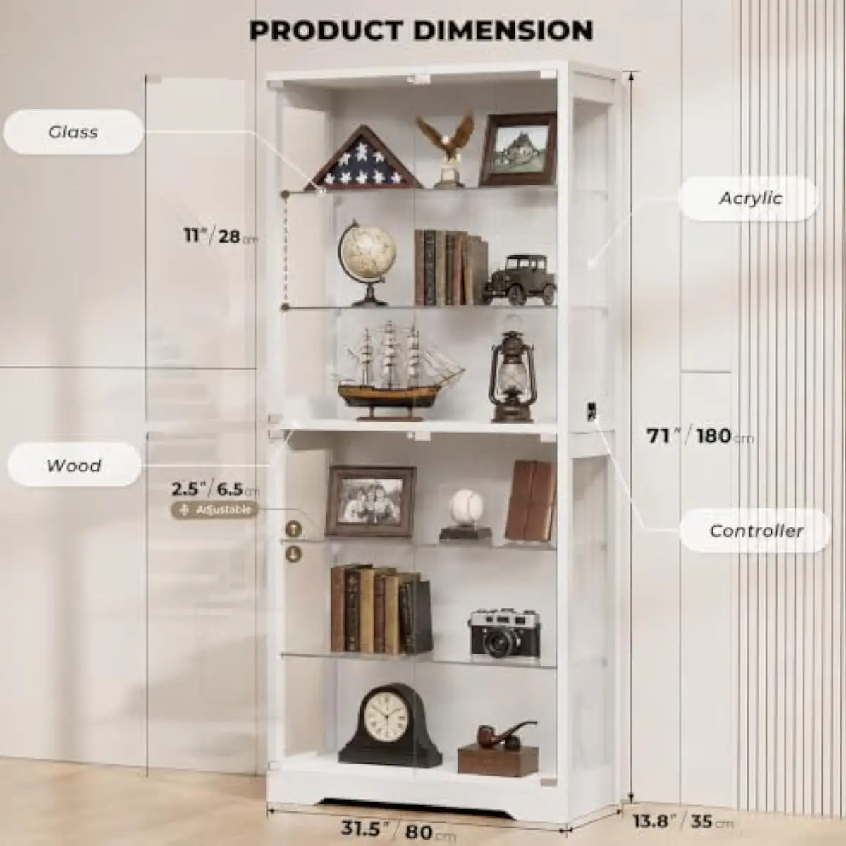 71' Display Cabinet with Glass Door, Curio Cabinet for Collectibles