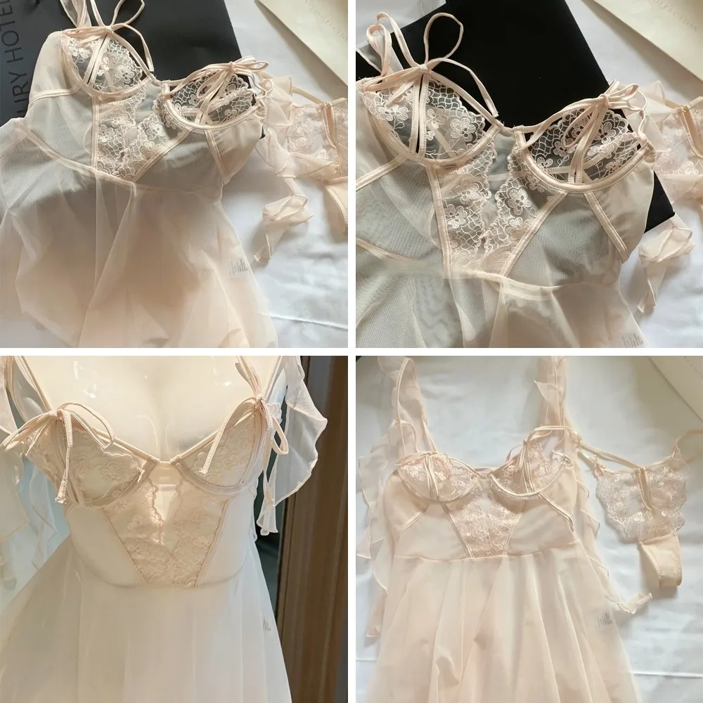 

Elegant Pink Lace Satin Nightgown Set, Comfortable Fairy Nightdress with Briefs