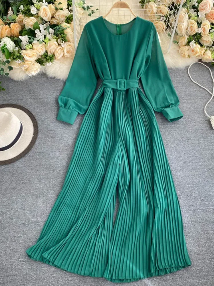 

Women's Spring Autumn Jumpsuit New Solid Color Round Neck Long-sleeved Pleated Wide-leg Pants Lace Up Thin Jumpsuit LL061