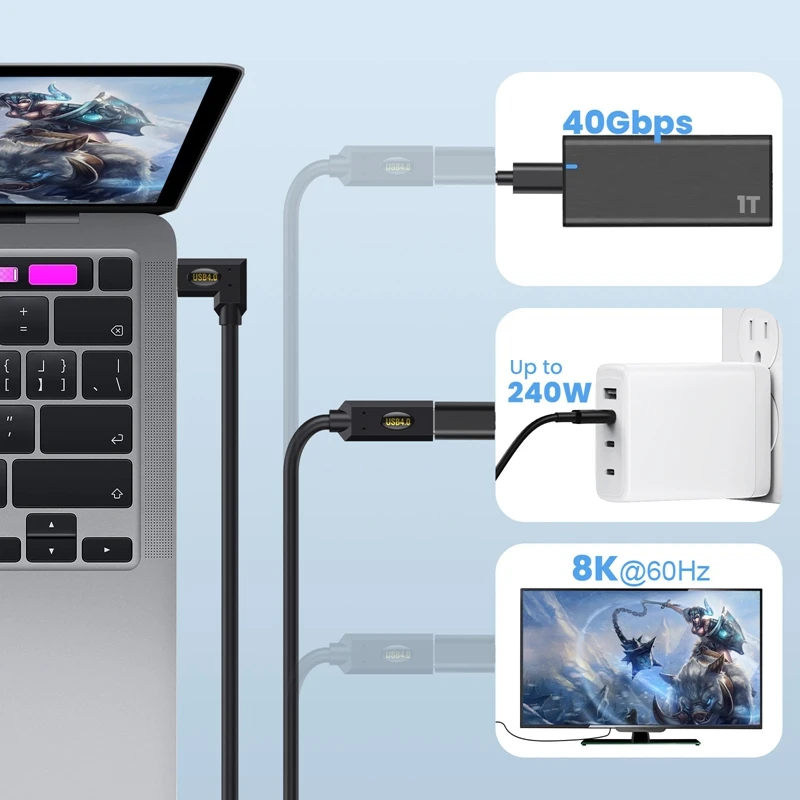 1.2m Scalable USB 4.0 40Gbps PD 240W 5A Lightning Fast Charging Elbow Type-C Cable 8K 60Hz Cable Suitable for Macbook Pro