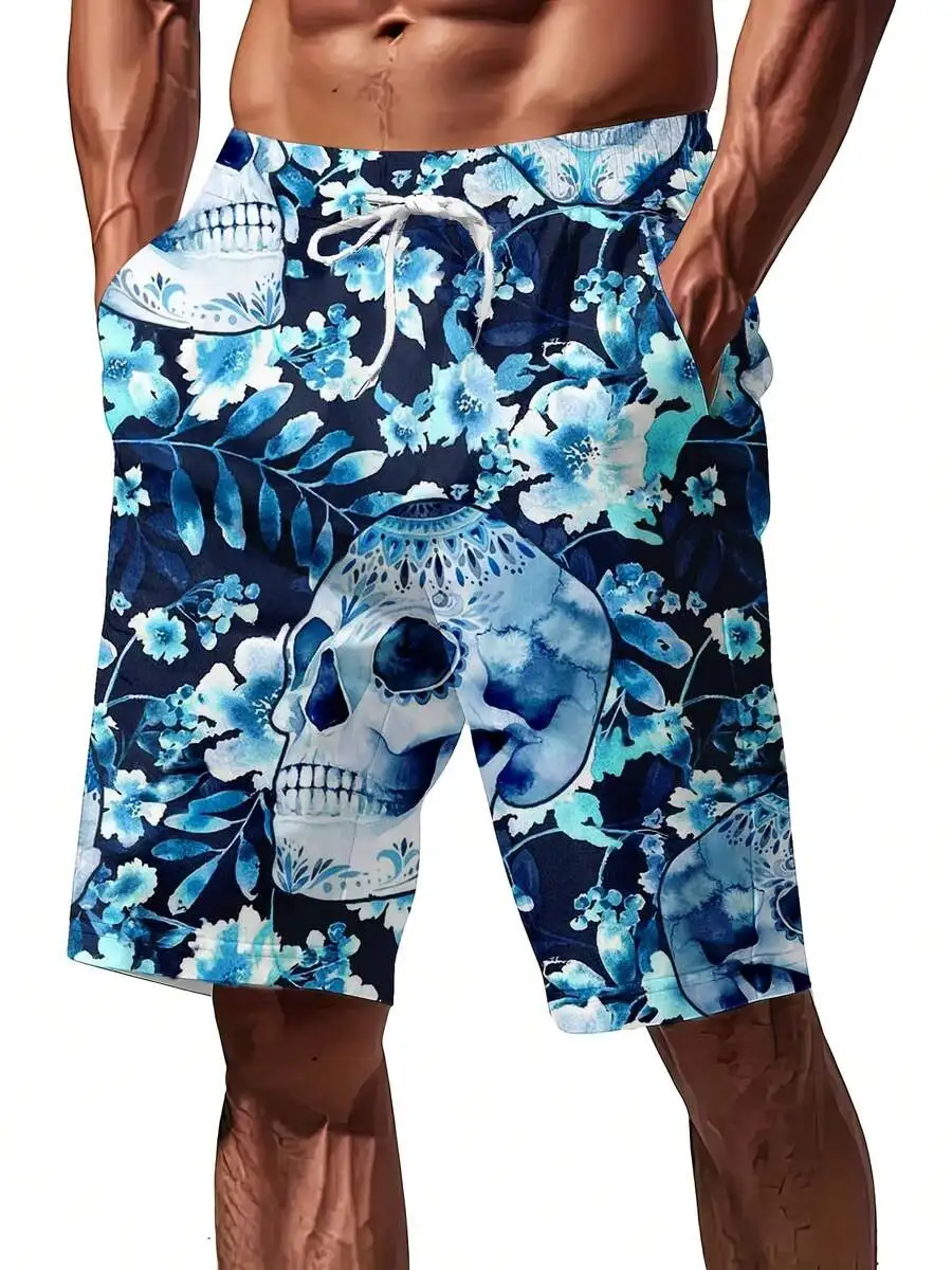 

Men Floral Skull Print Swim Trunks Beach Shorts For Outdoor Leisure