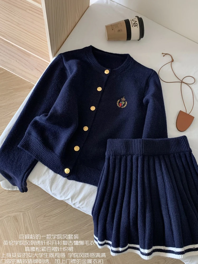 Autumn Winter Old Money Vintage Korean Preppy Women 2000s Outfits 2 Piece Set Long Sleeve Cardigan Sweater + Mini Pleated Skirts