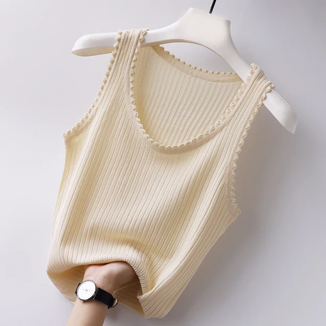 

2022 Spring Autumn Suspender Vest New Knitted Inner Bottom Shirt Fashion Sleeveless Short Top Pullover Round Neck Vest Beige