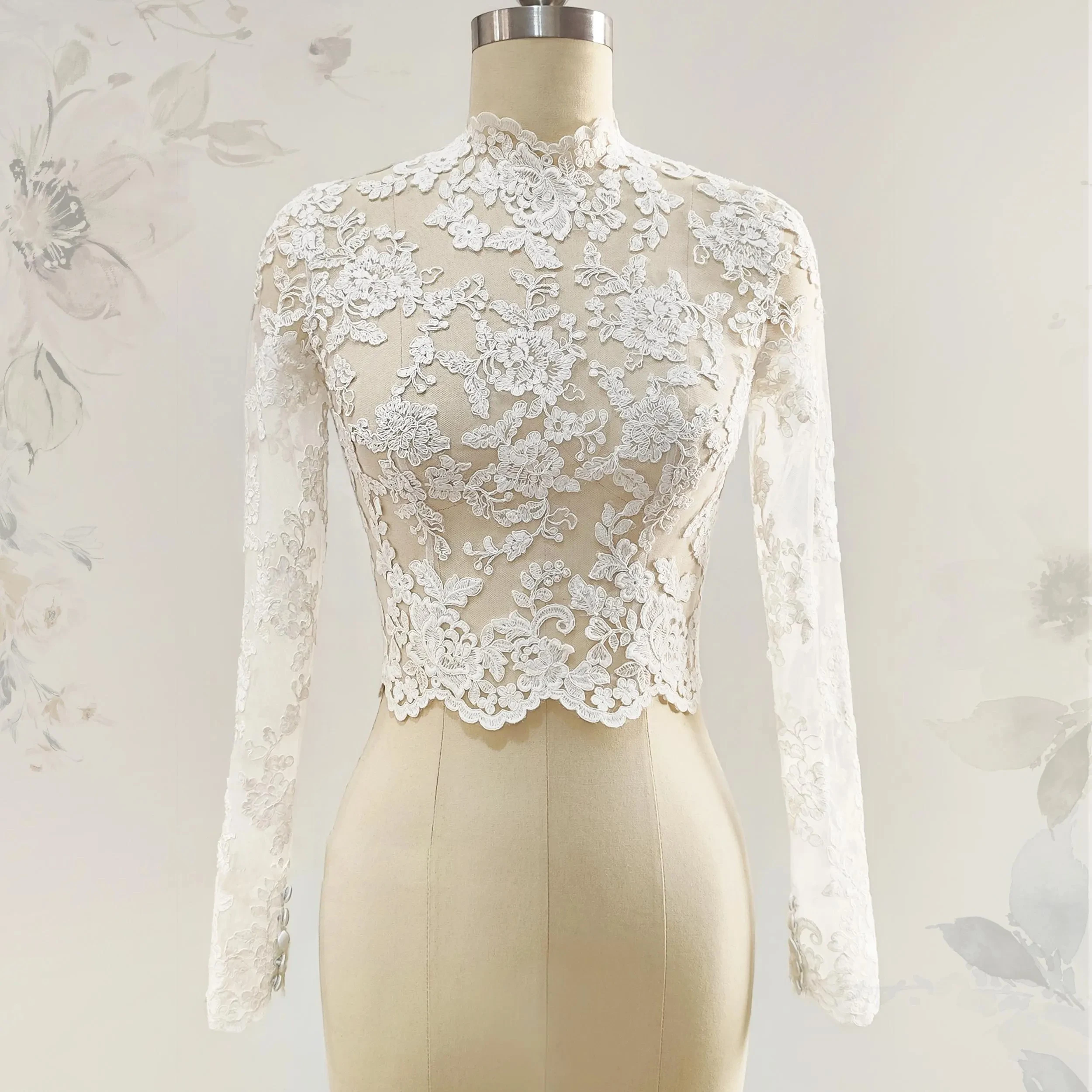 Luxury White Sheer Lace High-Neck Bridal Bolero with Pearl Button Back and Floral Embroidery Wedding Jacket Customized J300