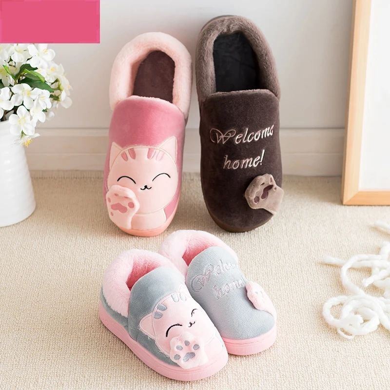 Cute Lucky Cat Design Plush Ladies Slippers Autumn And Winter Indoor Floor Non-Slip Soft Comfortable Warm Home Shoes for Unisex