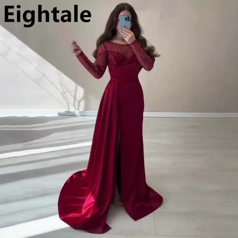 

Eightale 2024 Burgundy Long Sleeve Sequin Mermaid Evening Dress For Wedding Party Sexy Slit Formal Prom Dress Dubai Party Gown