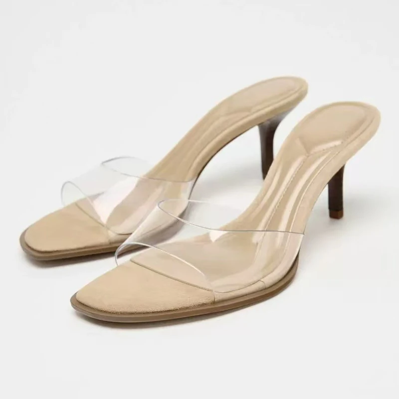

Fashion Transparent PVC High Heel Slippers Ladies Sexy Open Toe Thin High Heel Slide Sandals Comfortable Commuter Office Shoes