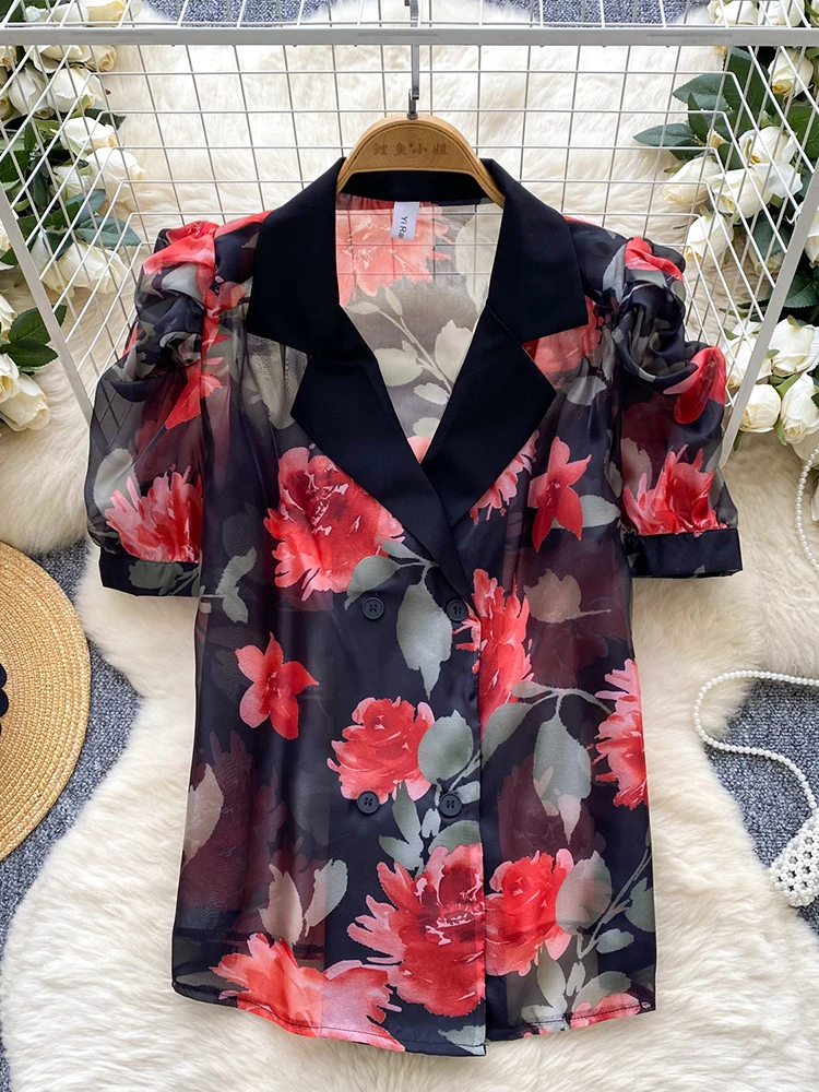 

Summer Women's Notched Collar Short Sleeved Printed Shirt Commuting Fashion Versatile Party Double Breasted Shirt Top C292
