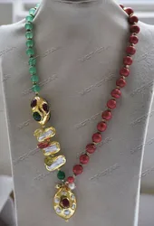 Z12591 20'' 30mm Green Jade Red Coral Gold-Plated Bead Necklace CZ Pendant