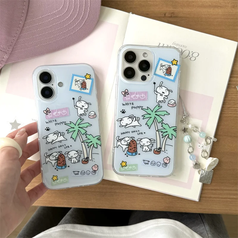 Kawaii الكرتون جرو قضية الهاتف آيفون 16 برو 15 14 13 برو ماكس غطاء مع سلسلة سحر سيليكون للصدمات لطيف حالات 16Pro