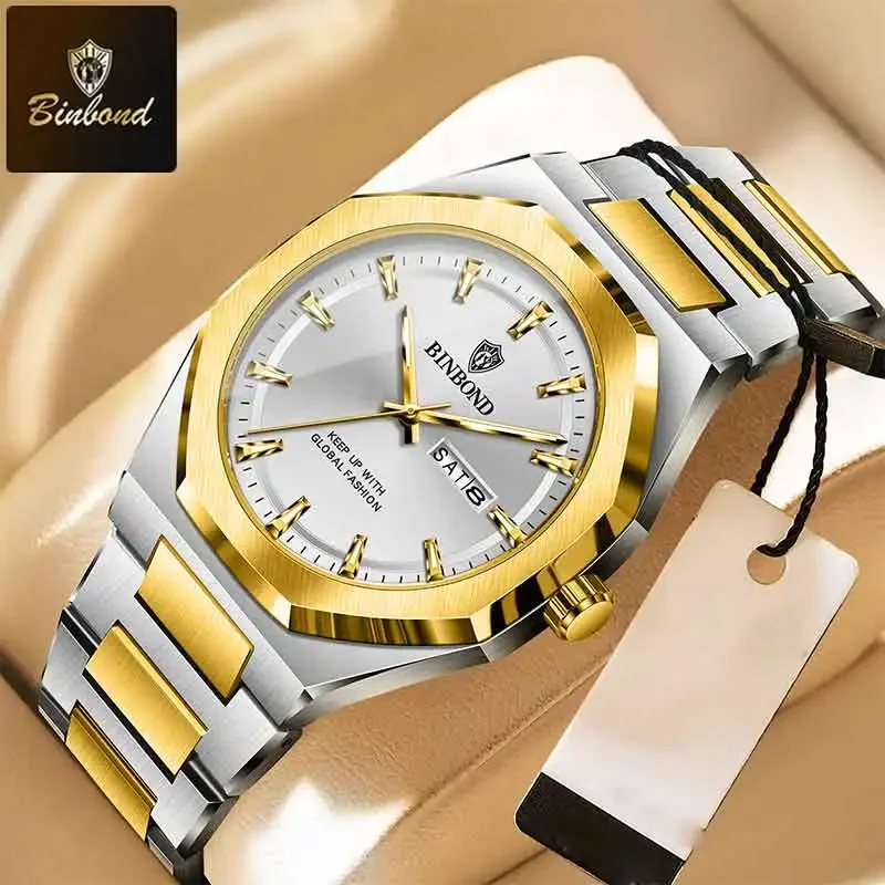 

BINBOND новые модные мужские кварцевые часы с ремешком из нержавеющей стали, водонепроницаемые повседневные часы, деловые спортивные мужские наручные часы с двойным календарем