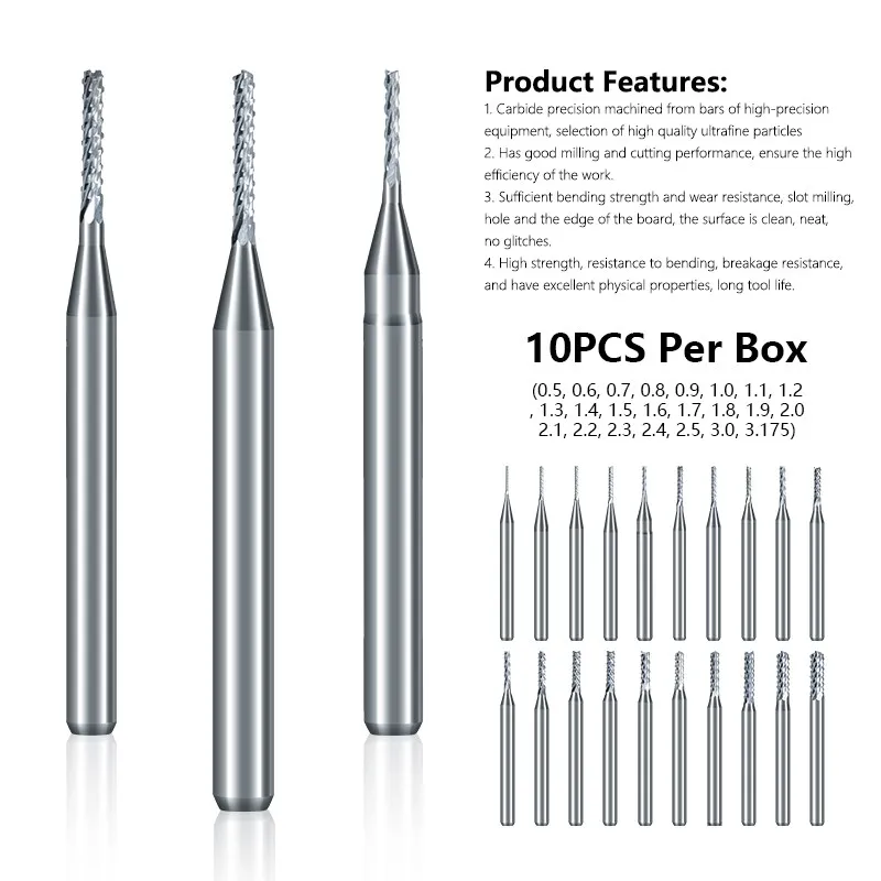 CMCP 10pcs 0.5-3.175mm Set di frese per PCB Set di frese in metallo duro CNC Router Bit strumenti PCB macchina per incisione Bit 3.175mm codolo