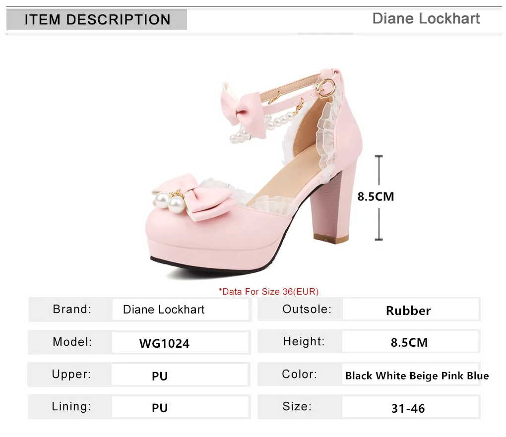 Spring Pearl Ankle Strap Women High Heels Mary Jane Pumps Party Wedding Cosplay White Pink Bow Princess High-heeled Lolita Shoes