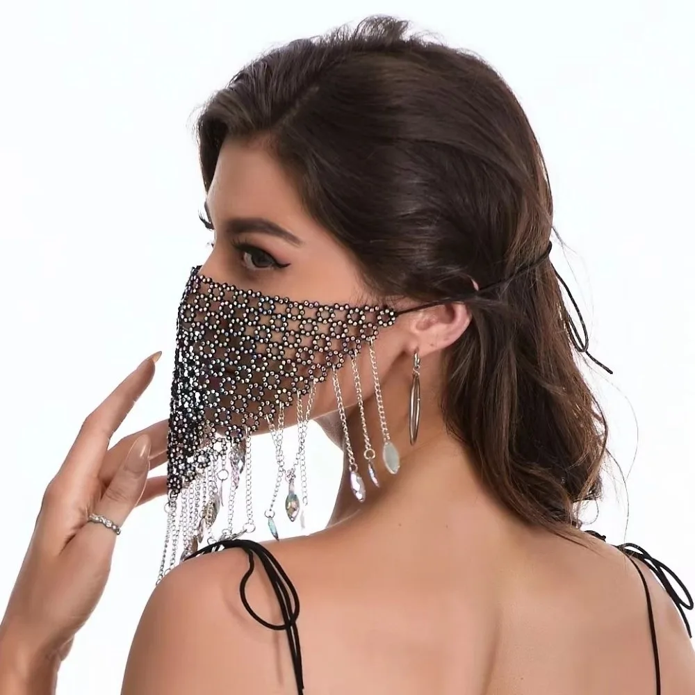 

Reusable Fishing Net Rhinestone Mask Tassel Shining Face Cover Hollow Bling Masquerade Mask Women