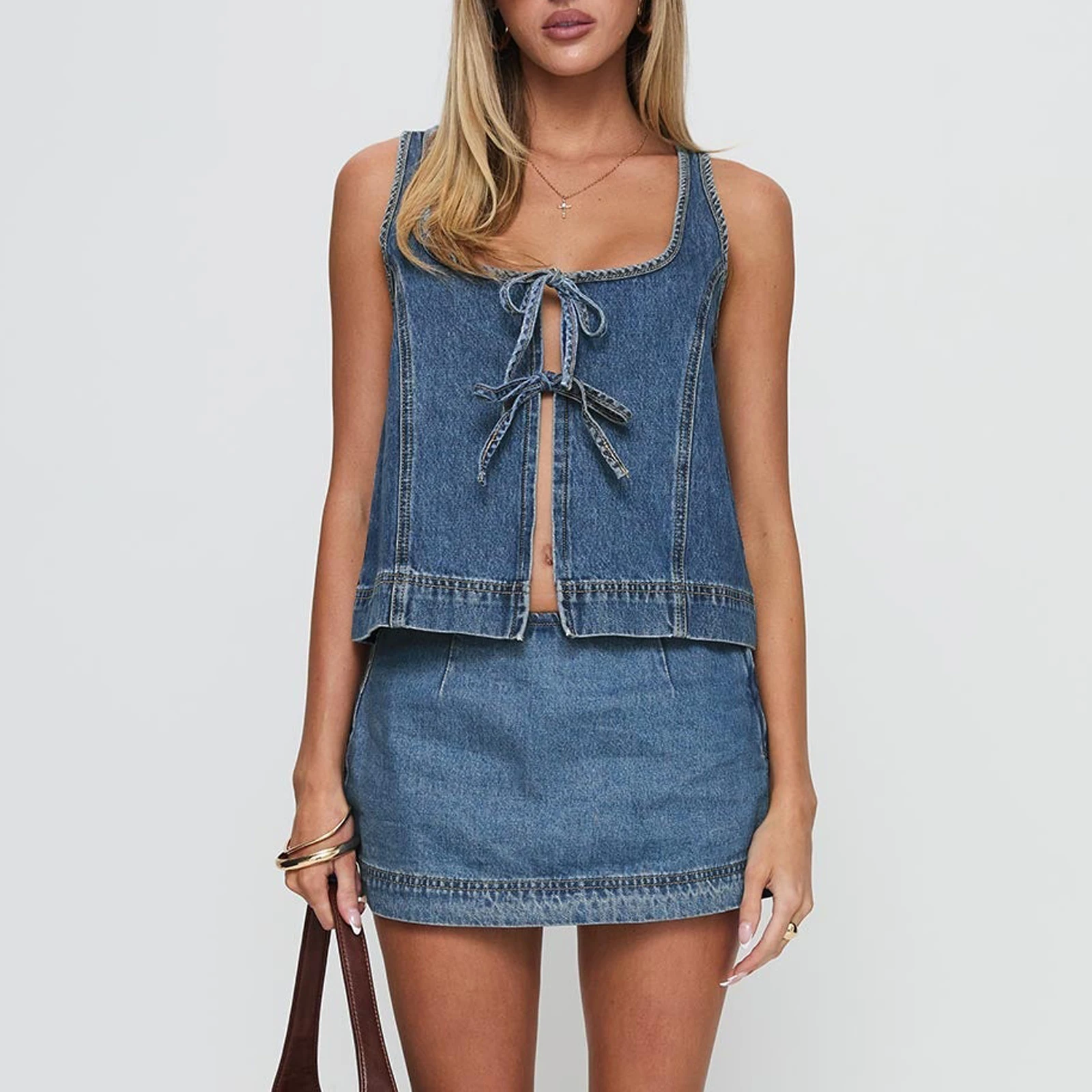 Women's Tie Front Denim Jean Vest Top and Mini Skirt 2-Piece Set Summer Trendy Going Out Outfits Clothes Summer Chic Streetwear - view 2