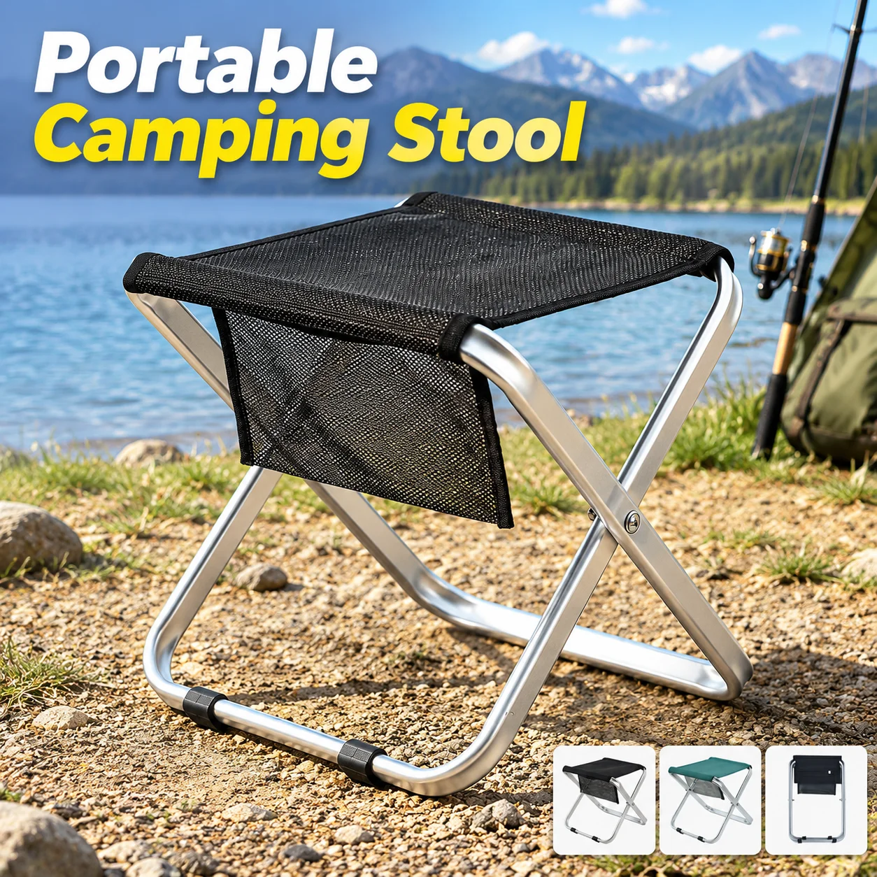 Tragbarer, zusammenklappbarer Campingstuhl aus Aluminium mit Seitentasche, leichter, robuster Angelhocker, atmungsaktiver Sitz mit Tragetasche, Neu