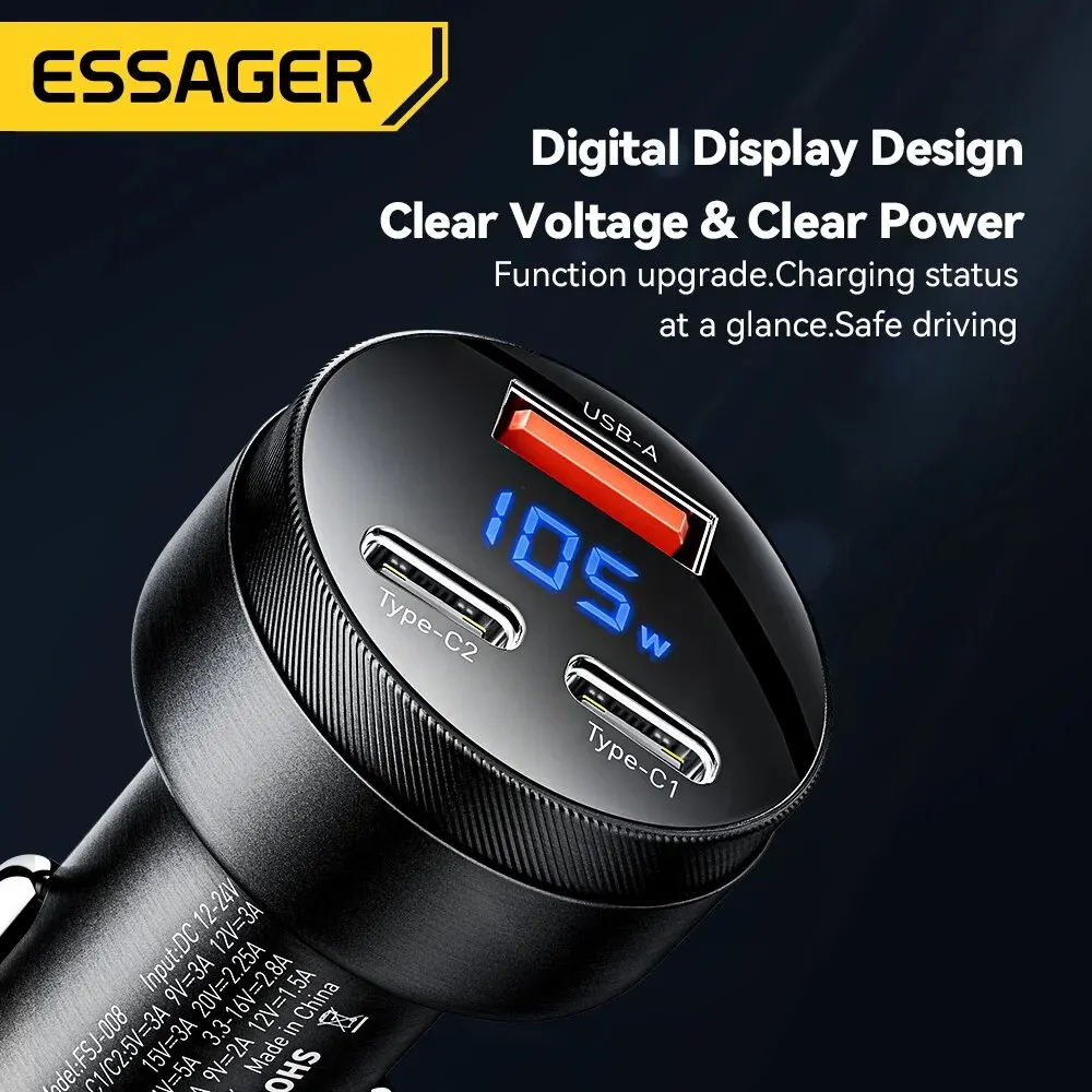 Essager 차량용 USB 충전기, 아이폰 14, 15, 샤오미 휴대폰용, 고속 충전 4.0, QC4.0, QC3.0, QC SCP PPS, PD, USB C 타입, 105W