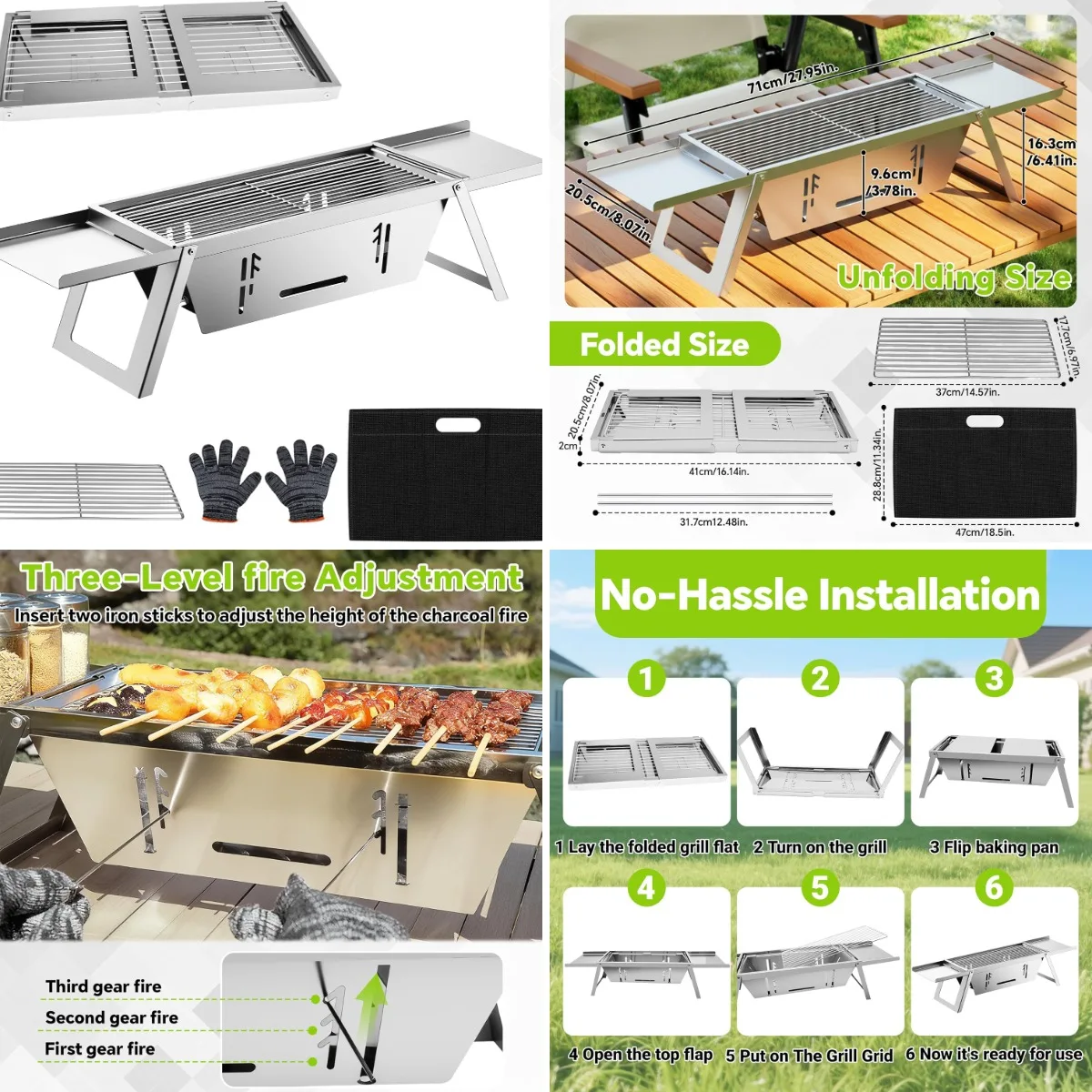 

Foldable Small Charcoal Grill, Portable Stainless Steel Charcoal Grill, Tabletop Yakitori Grill for Outdoor Cooking, Travel Camp