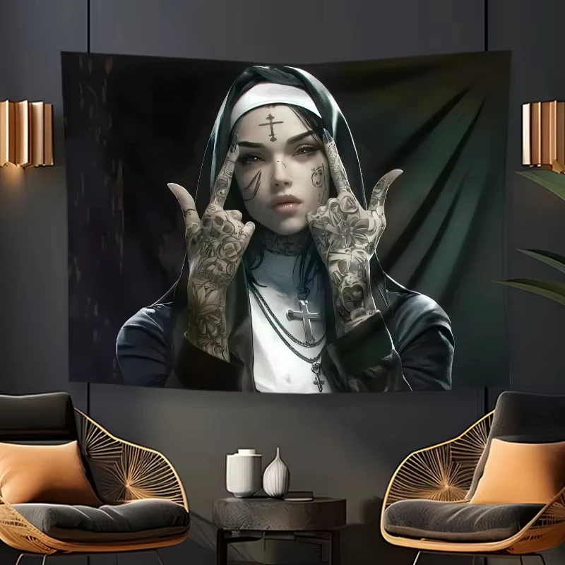 Tapestry Wall Hanging Tapestry Blanket VIKAMA dark tattoo nuns tapestry rock gesture word frame elements living room back wall