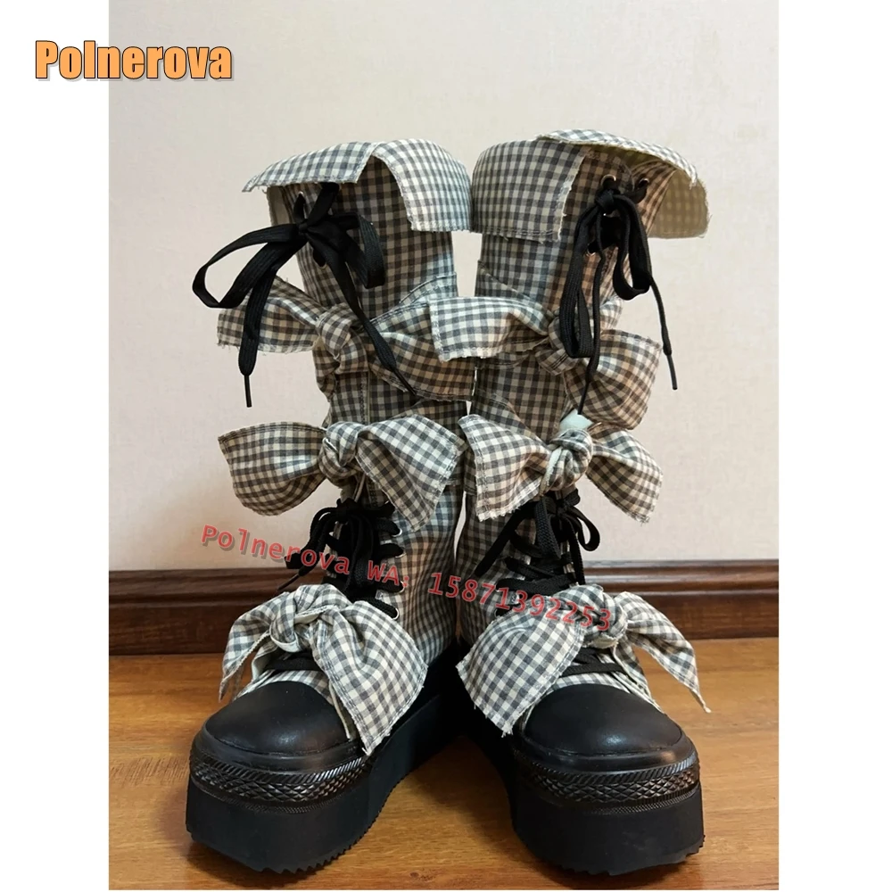 Canvas Bowknot Plaid Platform Long Boots Round Toe Thick Sole Cross Tied Patchwork Y2K Knee High Boots 2025 Subculture Style