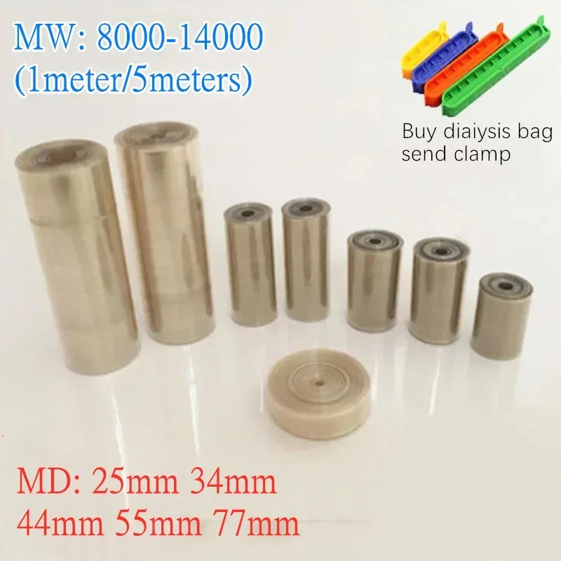 1meter/5meters Laboratory MW8000-14000 Dialysis Bag, MD25/34/44/55/77mm Dialysis Tube,  Regenerated Cellulose Dialysis Bag