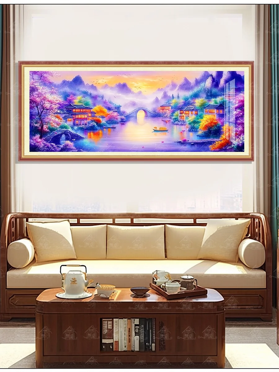 

Handmade Cotton Cross Stitch Lacape Wall Art Purple Color Chinese Sle Living Room Decorative Cloth Jiangnan Water Town