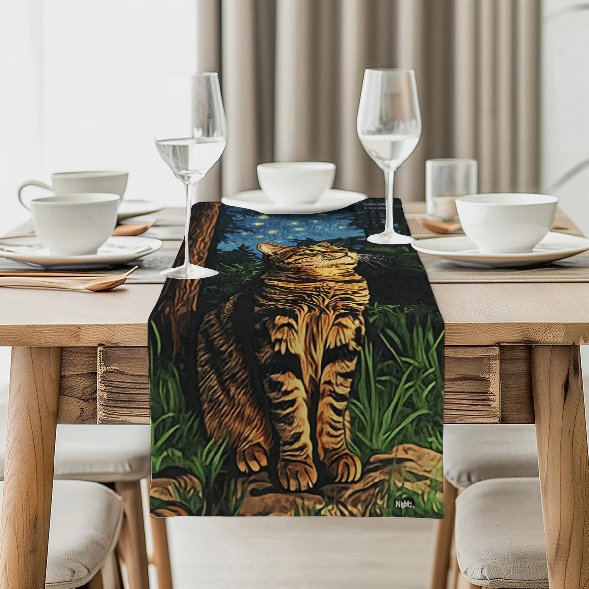 decorations table runner Starry Night Cat Impressionist Style Table Flag Kitchen Dining Gift,Holiday Decorations,Room Decor,Scen