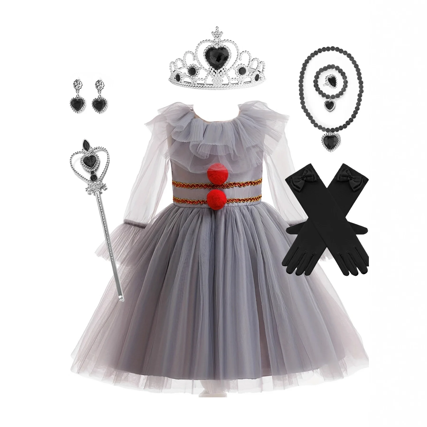 Girls Gray Clown Dress Up Vampire Princess Dress Set Tulle Gown Crown Scepter Necklace Gloves Halloween Cosplay Costume XMZ65