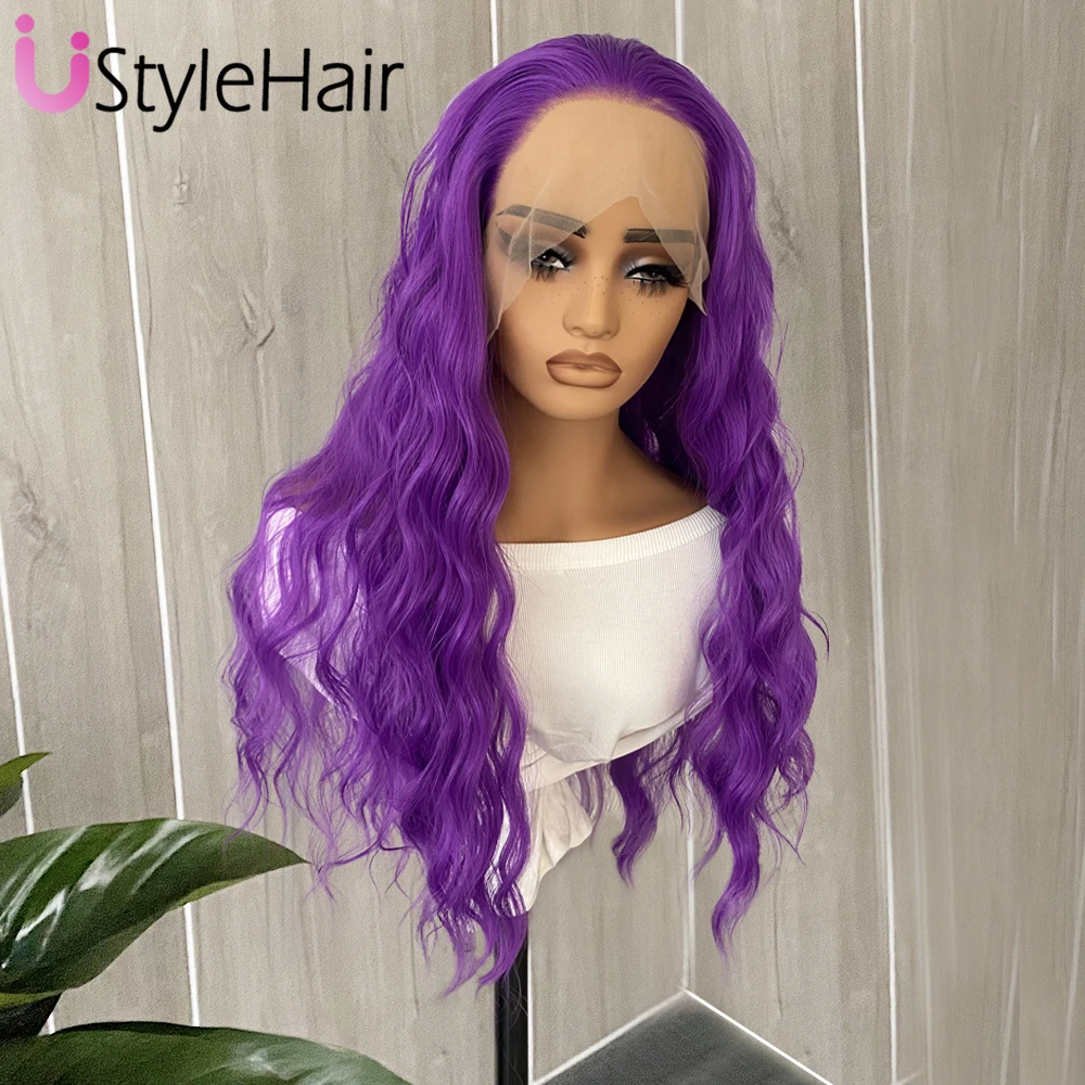 UStyleHair Purple Lace Front Wig Long Deep Wave Synthetic Purple Wig for Women Natural Hairline Daily Wear Cosplay Wigs Glueless