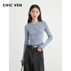 CHIC VEN donna Cardigan coreano Casual o-collo Slim maglioni lavorati a maglia moda contrasto morbido abbigliamento femminile autunno nuovo 2024