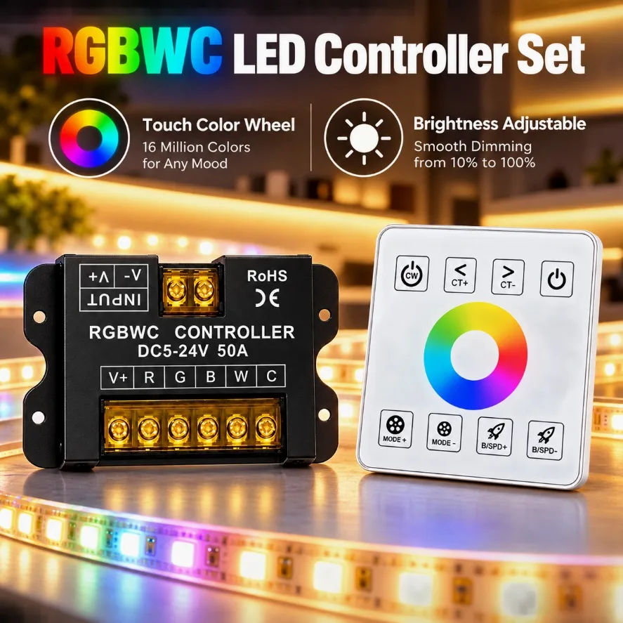 RGBWC LED Controller Set DC5-24V 50A RF Touch Panel Remote Dimmer CCT Adjustable for LED Strip Home Lighting Decor for LED Strip