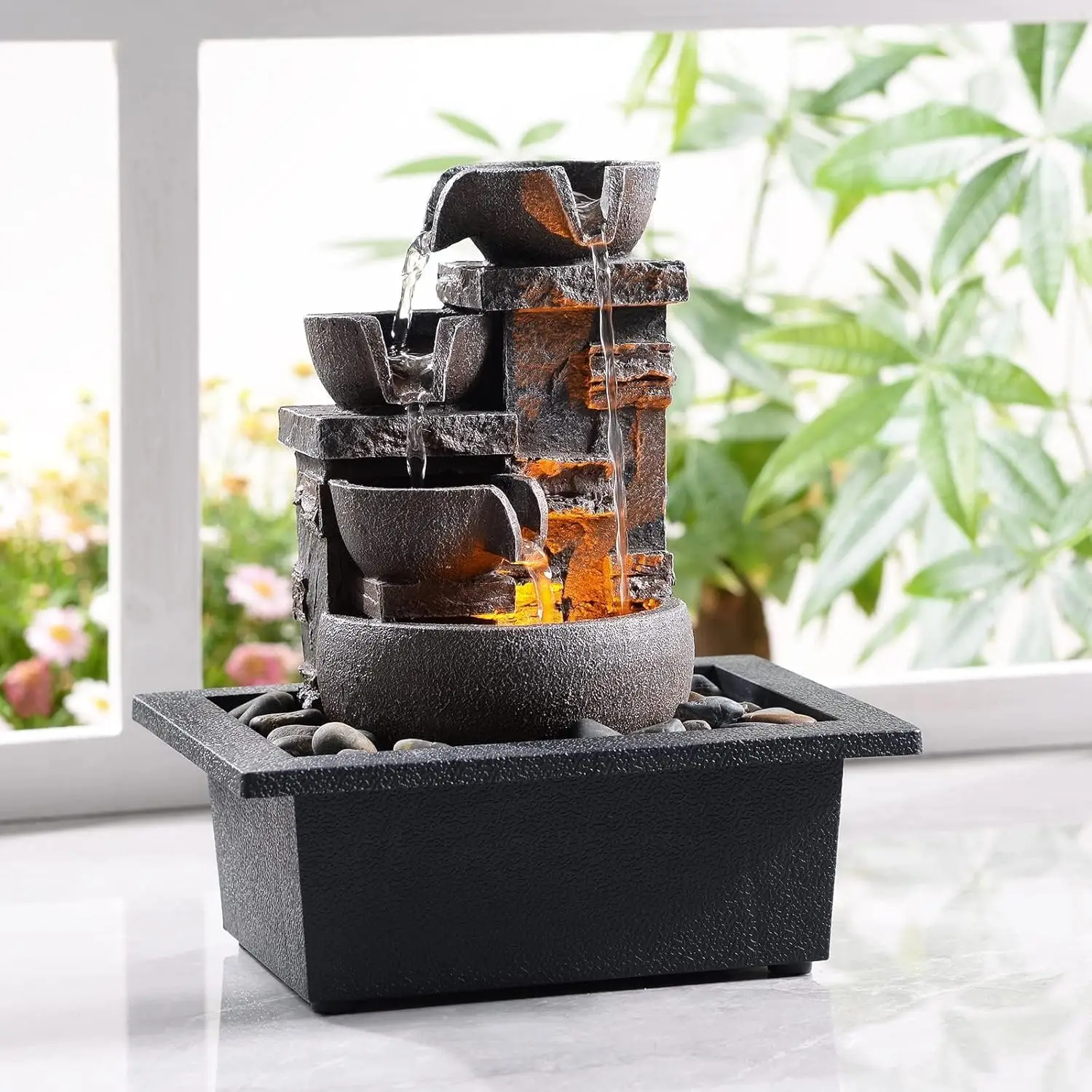 

4-х уровневый настольный фонтан с водопадом и речными камнями для медитации — декор для домашнего офиса в помещении