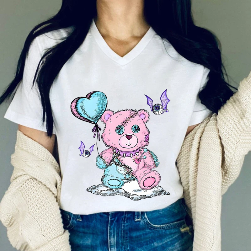 Women’s Tshirt Graphic Creepy Spooky Pink Teddy Bear Casual V-neck T Shirts Harajuku Fashion Short Sleeve Classic Female T-Shirt