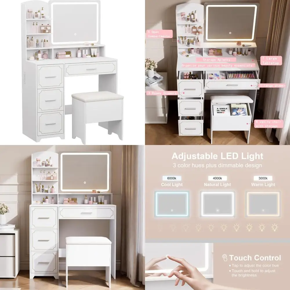 طاولة زينة بمرآة LED مع مخرج طاقة، 5 أرفف، 4 أدراج، مقعد مبطن، مثالية لمكياج وغرفة النوم والخلع الملابس