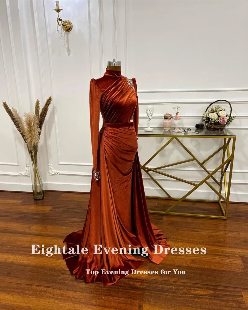 Eightale Muslim Arabic Evening Dresses High Neck Burnt Orange Beaded Long Sleeves Customized Mermaid Prom Party Gowns Velvet