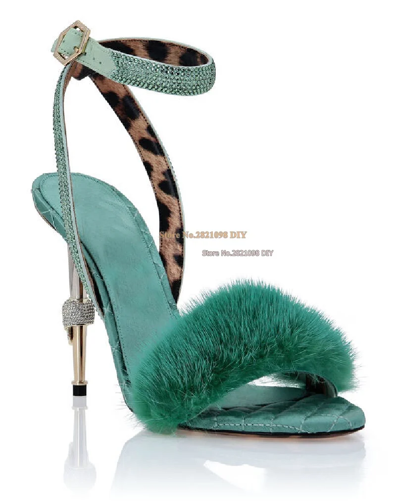 

Skull Heel Crystal Embellished Fur Sandals Women Stiletto Heeled Summer Party Shoes Open Toe Thin Heel High Heels