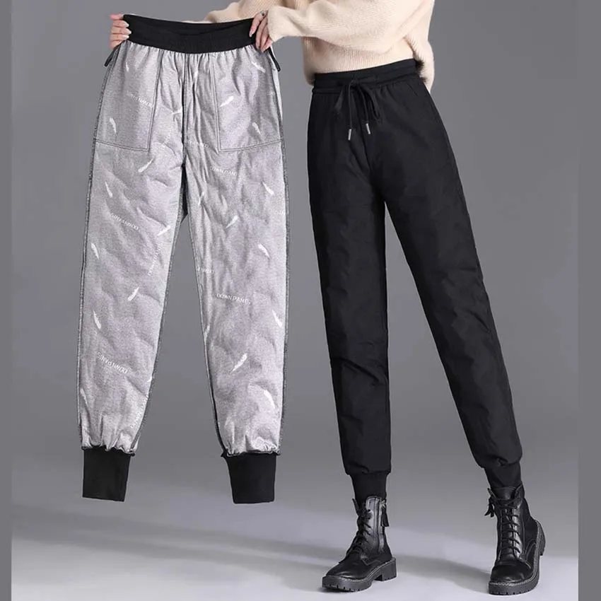 2023 Winter Womens Loose Warm Down Pants High Waist Thick Warm Duck Down Cotton Female Fashion Straight Windproof Snow Trousers