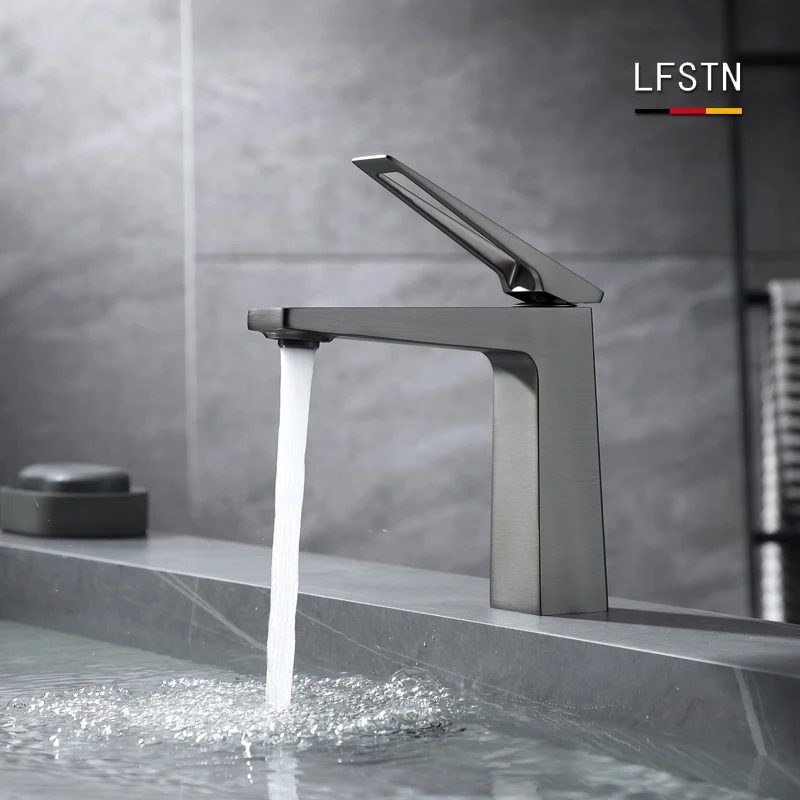 Copper gun gray basin hot and cold water mixing faucet, single handle single hole washbasin faucet