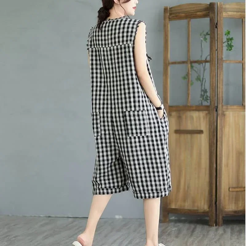 Celana Kodok Katun Pop untuk Wanita Pakaian Satu Potong Tanpa Lengan Kotak-kotak Besar Romper Wanita Longgar Gaya Korea Kasual Vintage Bermain